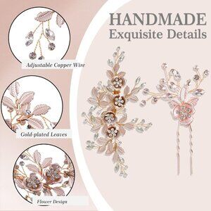 3-Pieces Bridal Rose Gold Hair Accessories for Brides and Bridesmaids Rhinestone